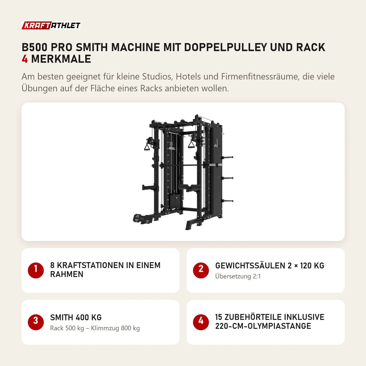 Titanium Strength B500 PRO Smith Machine mit Doppelpulley und Rack mit 4 Merkmalen: 8 Kraftstationen in einem Rahmen, Gewichtssäulen 2 × 120 kg, Smith 400 kg, 15 Zubehörteile inklusive 220-cm-Olympiastange