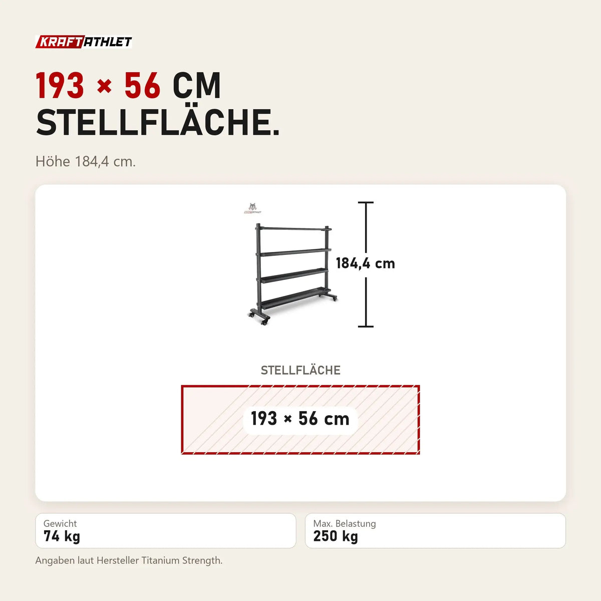 Maßbild Titanium Strength Ballaufbewahrungs-Rack für Medicine, Wall, Slam und Fitballs: Stellfläche 193 × 56 cm, Höhe 184,4 cm