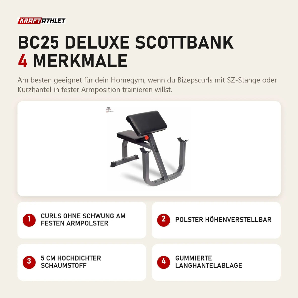 Titanium Strength BC25 Deluxe Scottbank mit 4 Merkmalen: Curls ohne Schwung am festen Armpolster, Polster höhenverstellbar, 5 cm hochdichter Schaumstoff, Gummierte Langhantelablage