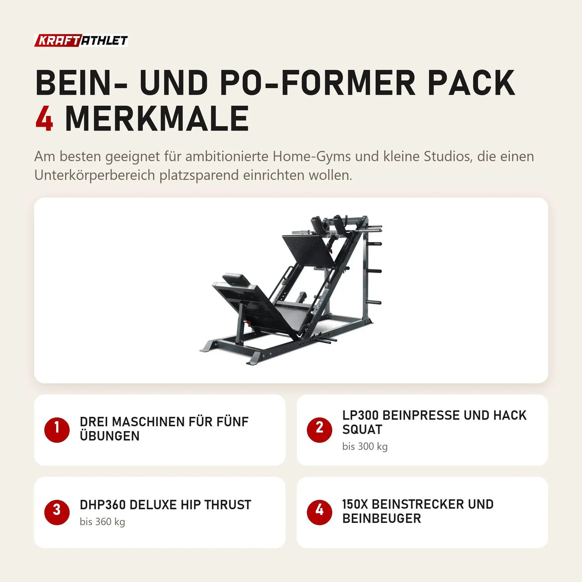 Titanium Strength Bein- und Po-Former Pack mit 4 Merkmalen: Drei Maschinen für fünf Übungen, LP300 Beinpresse und Hack Squat, DHP360 Deluxe Hip Thrust, 150X Beinstrecker und Beinbeuger