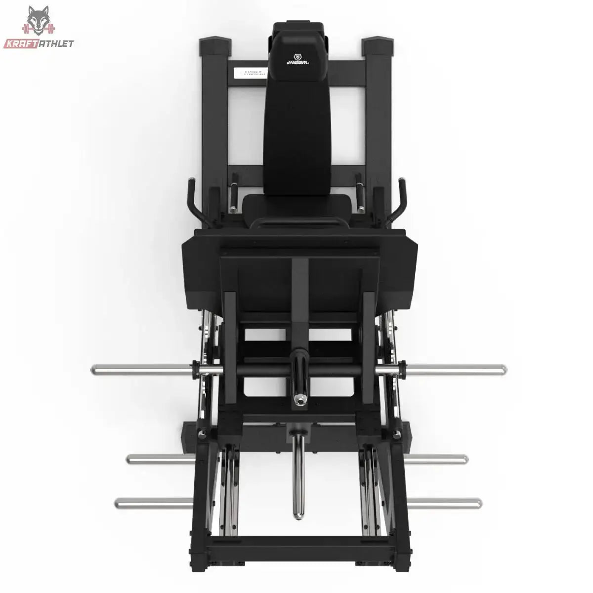Titanium Strength Beinpresse 45° Plus Elite Series in Schwarz, Draufsicht auf Rückenlehne und Hantelstangen