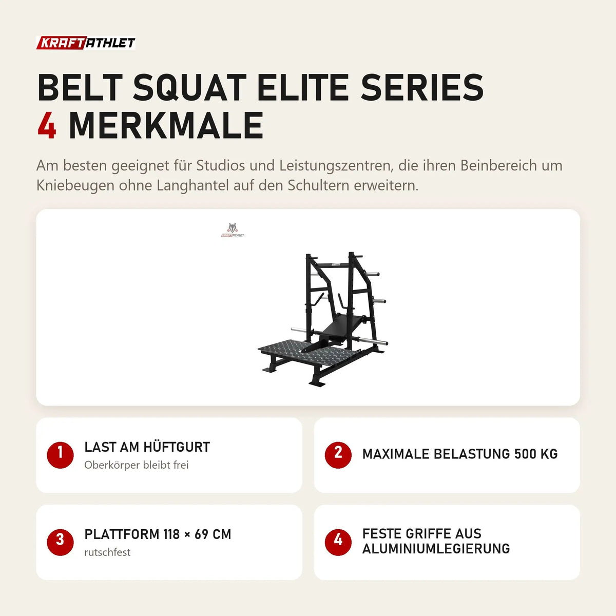 Titanium Strength Belt Squat Elite Series mit 4 Merkmalen: Last am Hüftgurt, Maximale Belastung 500 kg, Plattform 118 × 69 cm, Feste Griffe aus Aluminiumlegierung