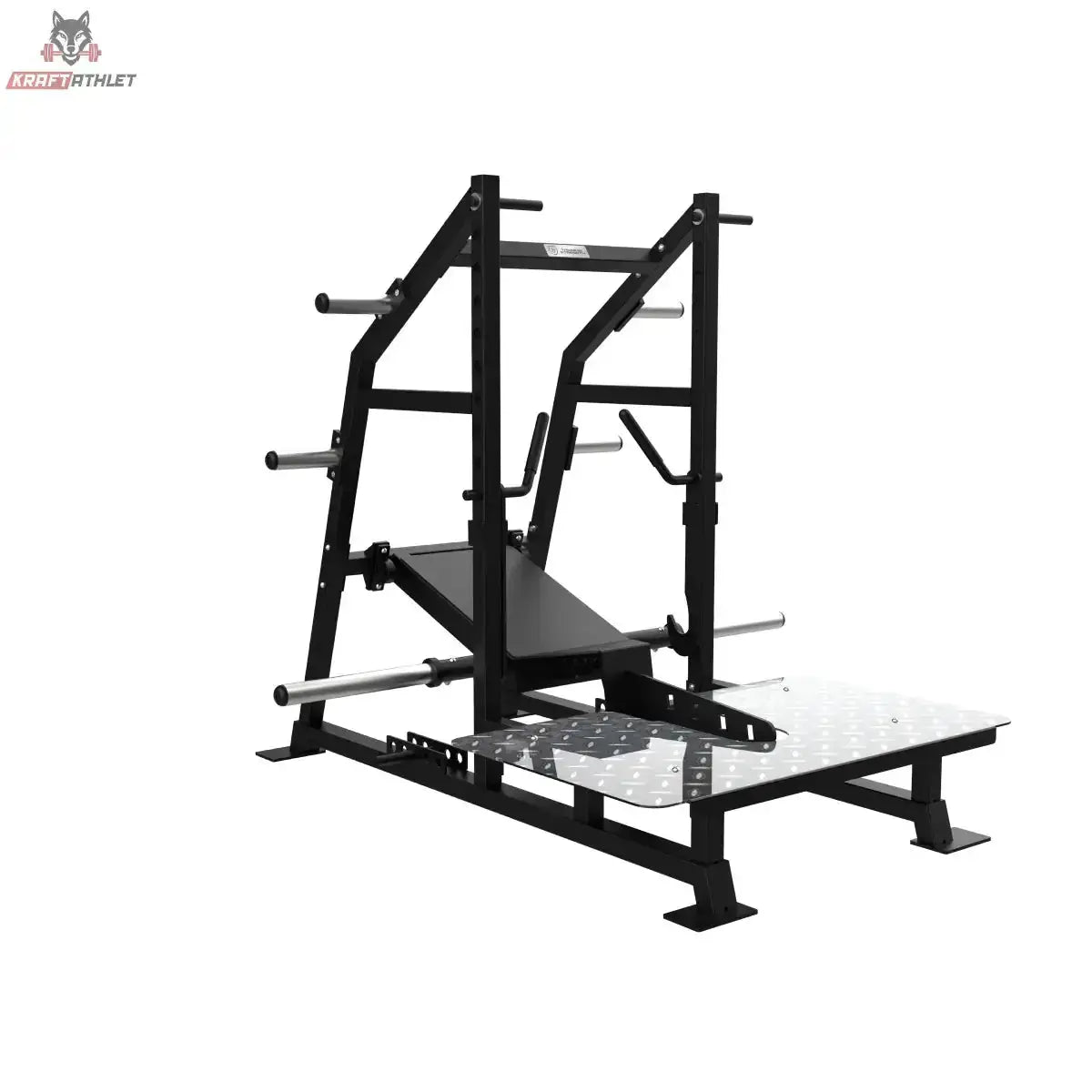 Titanium Strength Belt Squat Elite Series in Schrägansicht von links mit Riffelblech-Plattform und Griffen