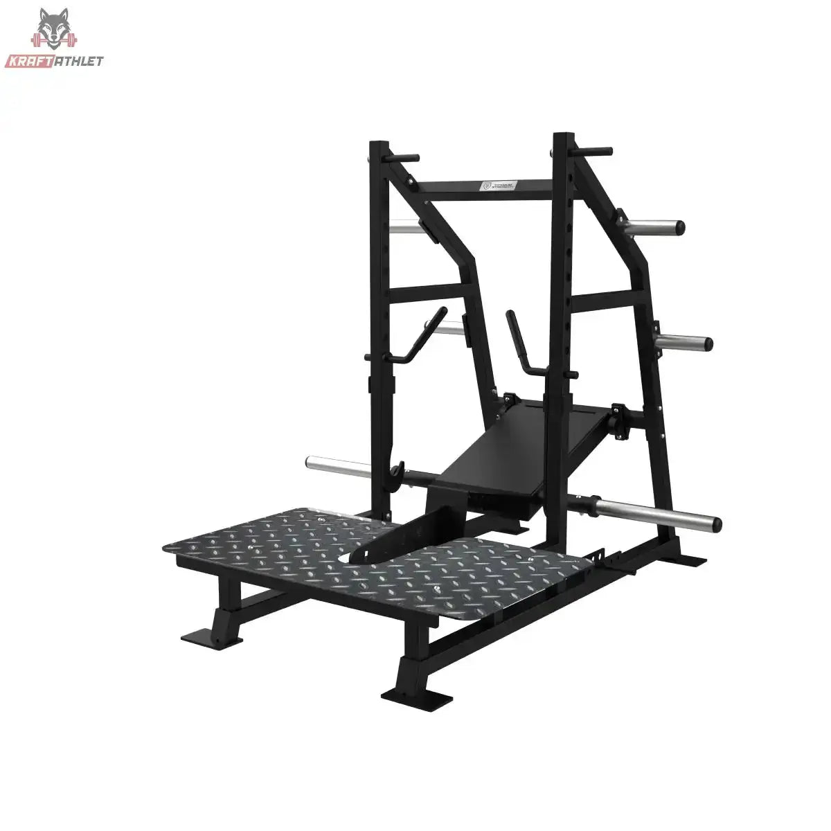 Titanium Strength Belt Squat Elite Series in Schrägansicht mit Plattform, Hebelarm und Scheibenaufnahmen