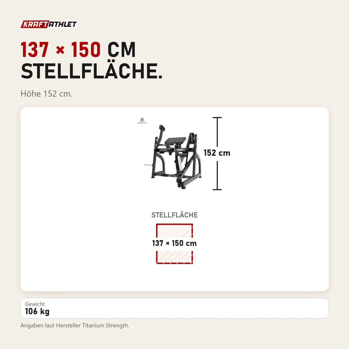 Maßbild Titanium Strength Bizepscurl Black Series mit Gewichtsscheiben: Stellfläche 137 × 150 cm, Höhe 152 cm
