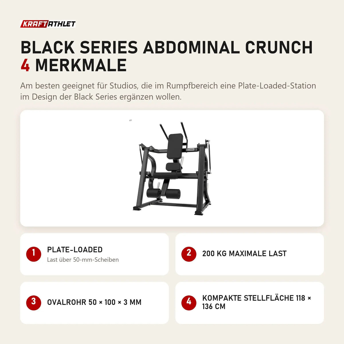 Titanium Strength Black Series Abdominal Crunch mit 4 Merkmalen: Plate-Loaded, 200 kg maximale Last, Ovalrohr 50 × 100 × 3 mm, Kompakte Stellfläche 118 × 136 cm