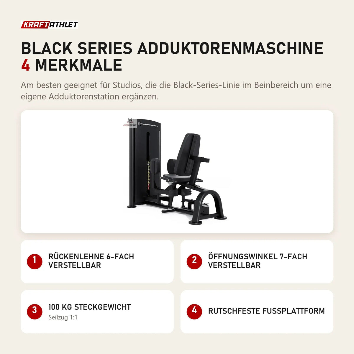 Titanium Strength Black Series Adduktorenmaschine mit 4 Merkmalen: Rückenlehne 6-fach verstellbar, Öffnungswinkel 7-fach verstellbar, 100 kg Steckgewicht, Rutschfeste Fußplattform