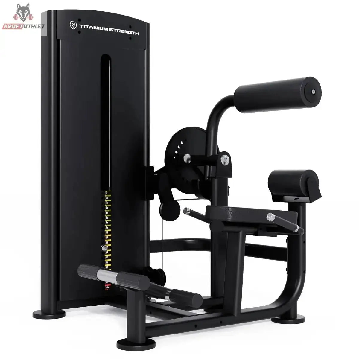 Titanium Strength Black Series Bauch & Unterer Rücken – Schrägansicht mit Rückenpolster, Hebelarm und Fußstütze