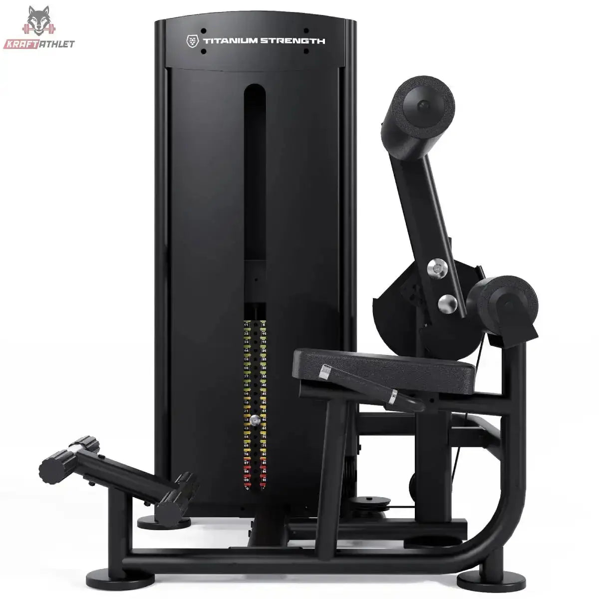 Titanium Strength Black Series Bauchmuskelmaschine – Seitenansicht mit Schwenkarm und Sitz vor dem Gewichtsturm
