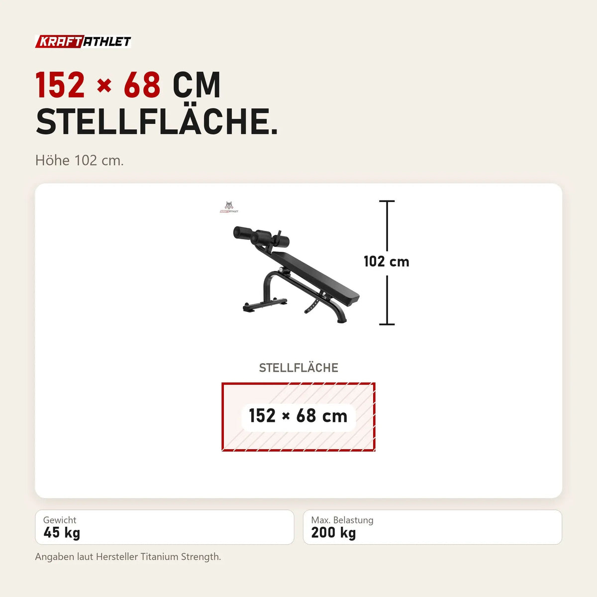 Maßbild Titanium Strength Black Series Bauchtrainer verstellbar: Stellfläche 152 × 68 cm, Höhe 102 cm