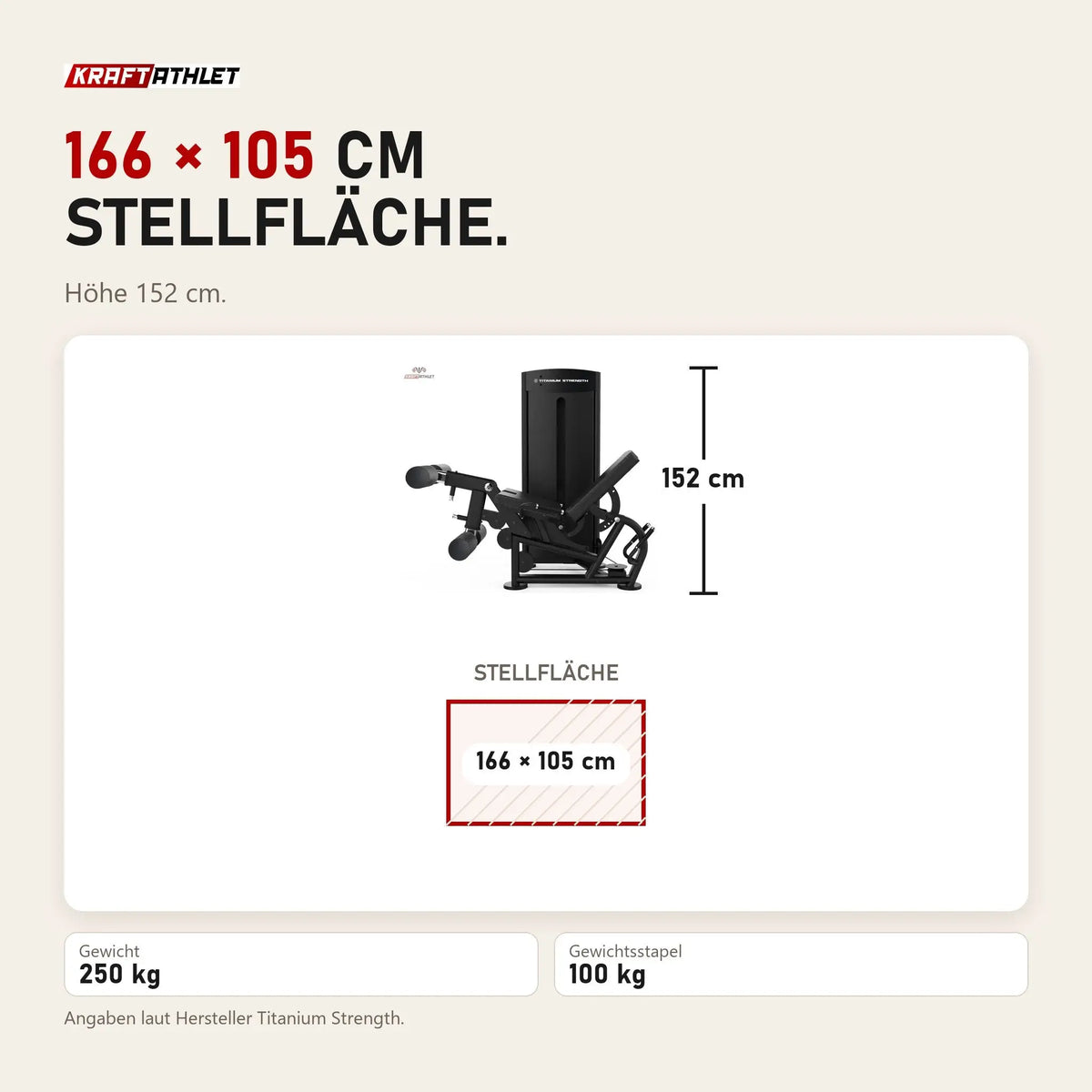 Maßbild Titanium Strength Black Series Beinbeuger im Liegen und Beinstrecker: Stellfläche 166 × 105 cm, Höhe 152 cm