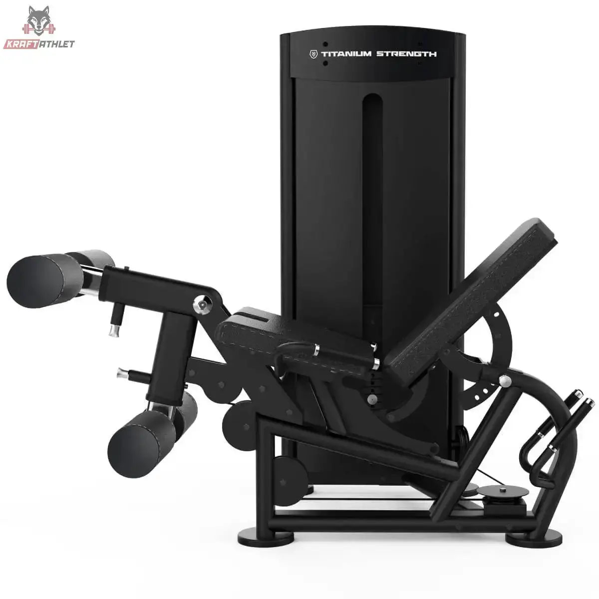Titanium Strength Black Series Beinbeuger im Liegen und Beinstrecker: Schrägansicht von links mit Beinrollen und Rückenpolster