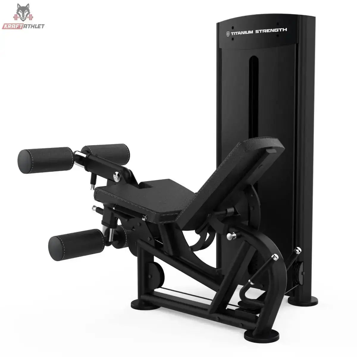 Titanium Strength Black Series Beinbeuger im Liegen und Beinstrecker: Schrägansicht von rechts mit Gewichtsturm dahinter, in Schwarz