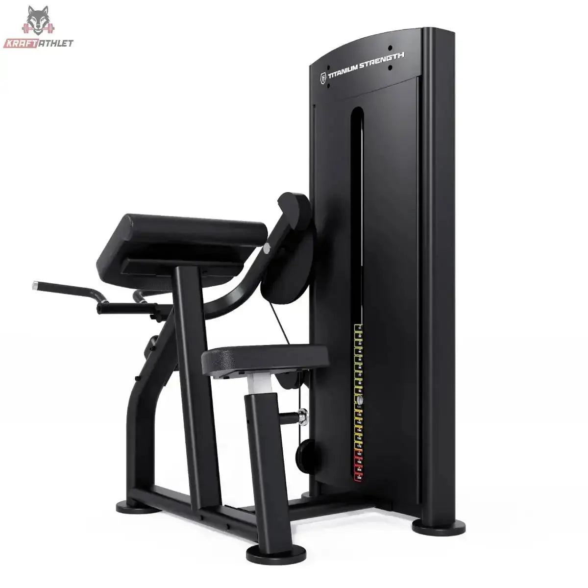 Titanium Strength Black Series Bizepscurl – Schrägansicht mit Armauflage, Griffen und Sitz