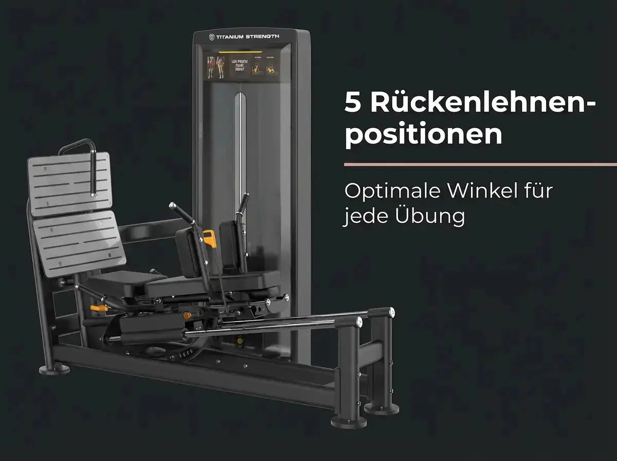 Titanium Strength Black Series Dual-Beinpresse / Hack Squat V2 vor dunklem Hintergrund mit Hinweis auf die Rückenlehnen-Positionen