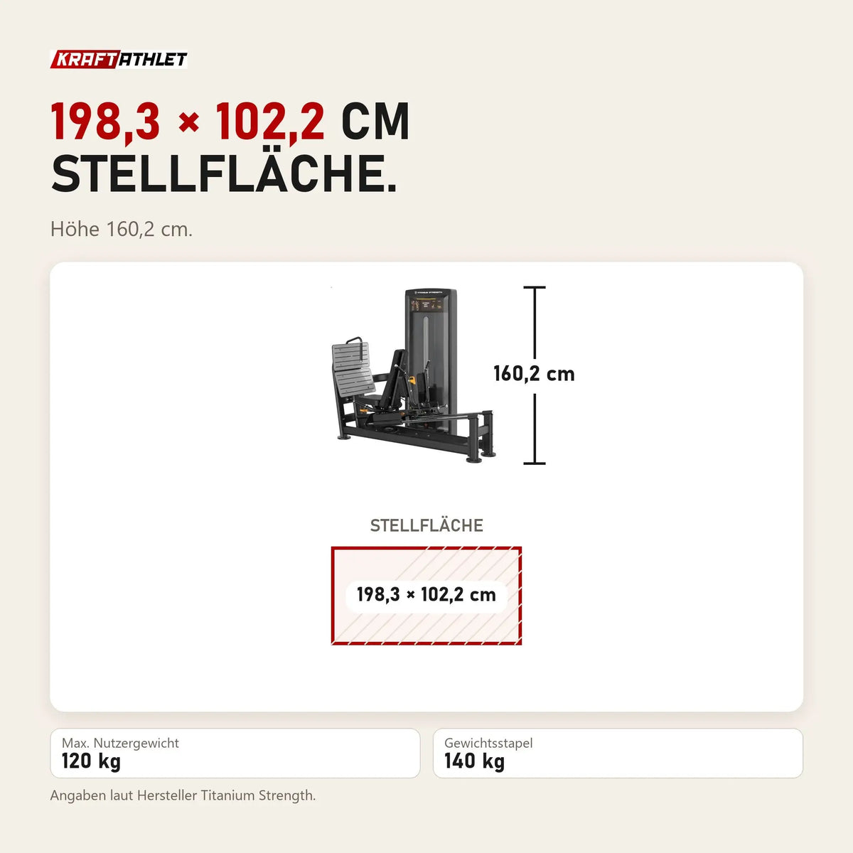 Maßbild Titanium Strength Black Series Dual-Beinpresse / Hack Squat V2: Stellfläche 198,3 × 102,2 cm, Höhe 160,2 cm
