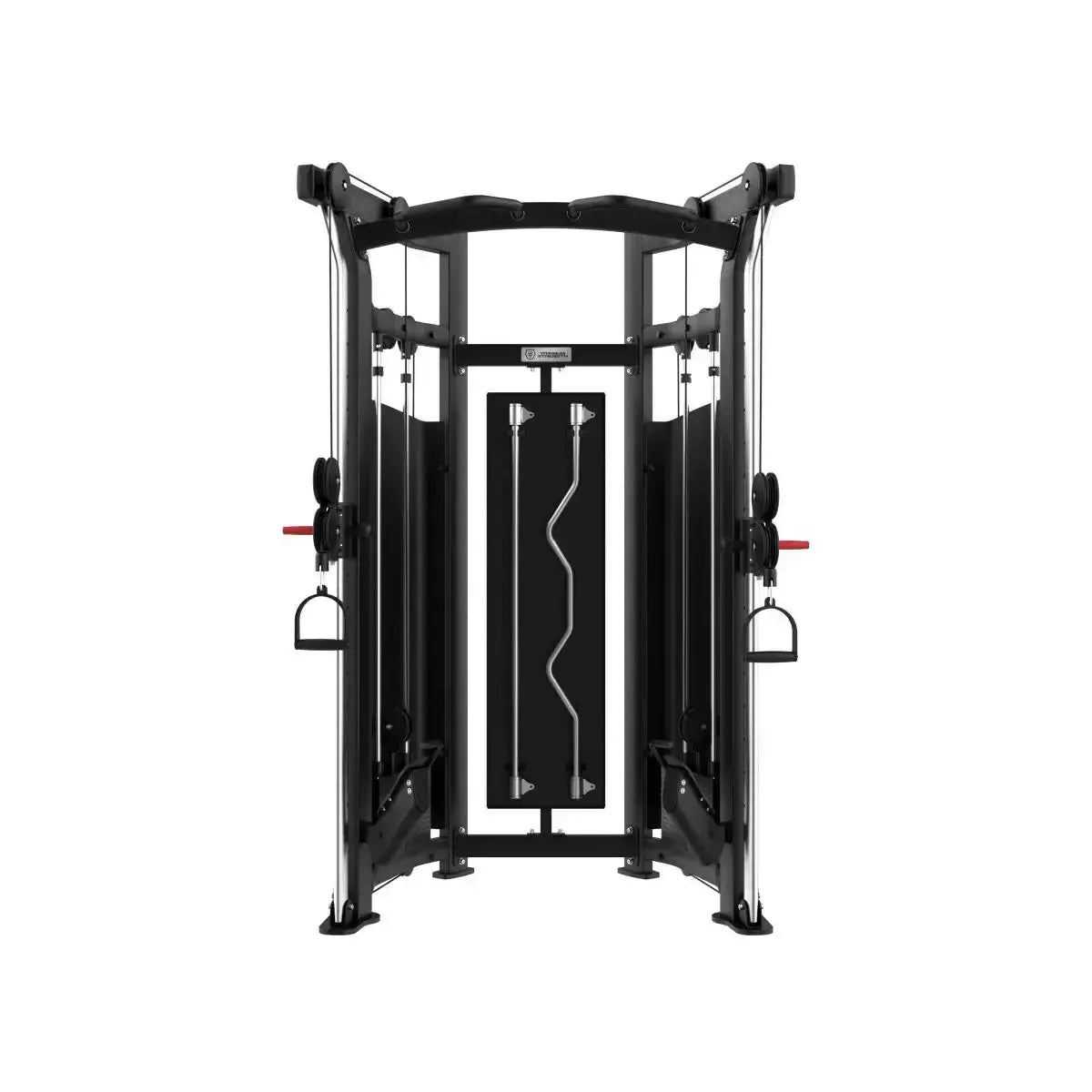 Titanium Strength Black Series Functional Trainer in Schwarz, Frontansicht mit Curlstange und Griffen