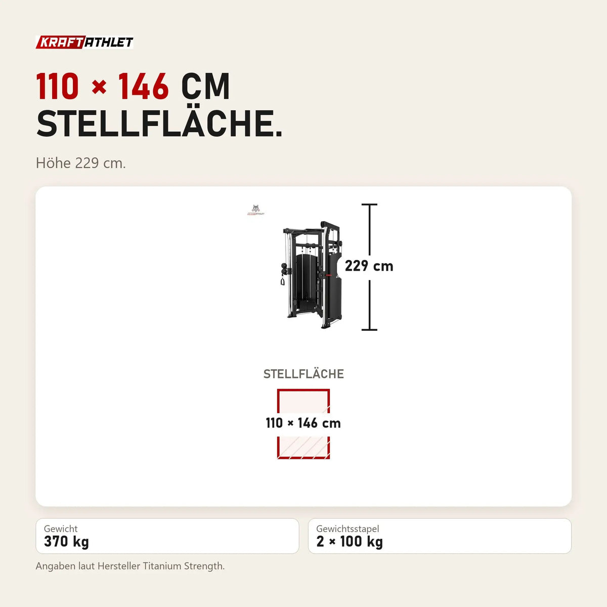 Maßbild Titanium Strength Black Series Functional Trainer: Stellfläche 110 × 146 cm, Höhe 229 cm
