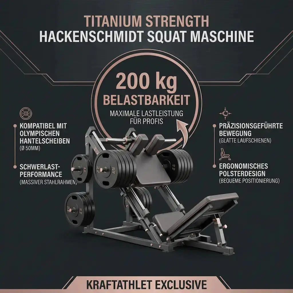 Titanium Strength Black Series Hackenschmidt Kniebeuge Maschine – Infografik zu Belastbarkeit und Scheibenhaltern