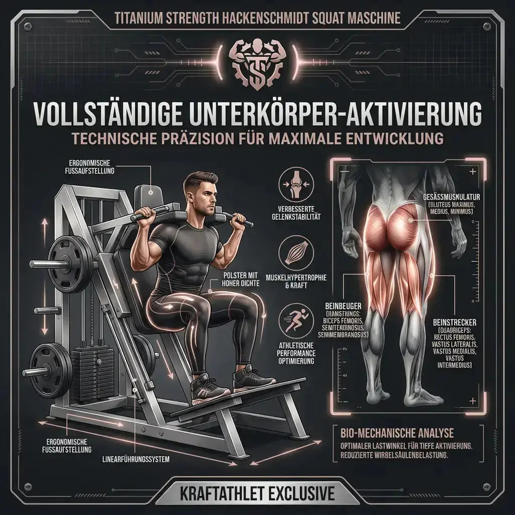 Titanium Strength Black Series Hackenschmidt Kniebeuge Maschine – Infografik mit trainierender Person und Muskelgruppen