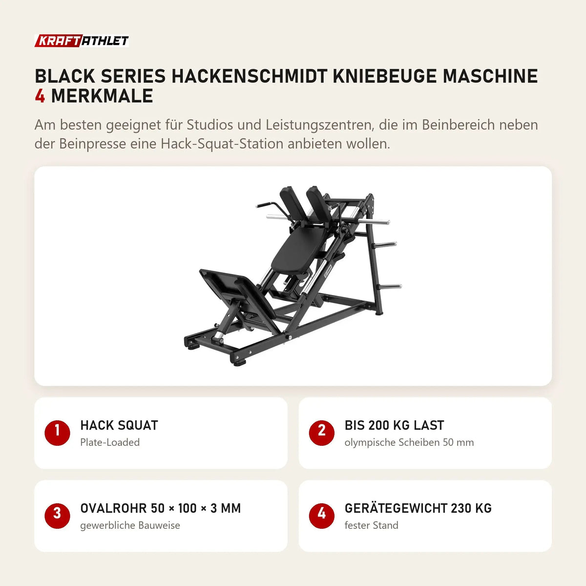 Titanium Strength Black Series Hackenschmidt Kniebeuge Maschine mit 4 Merkmalen: Hack Squat, Bis 200 kg Last, Ovalrohr 50 × 100 × 3 mm, Gerätegewicht 230 kg