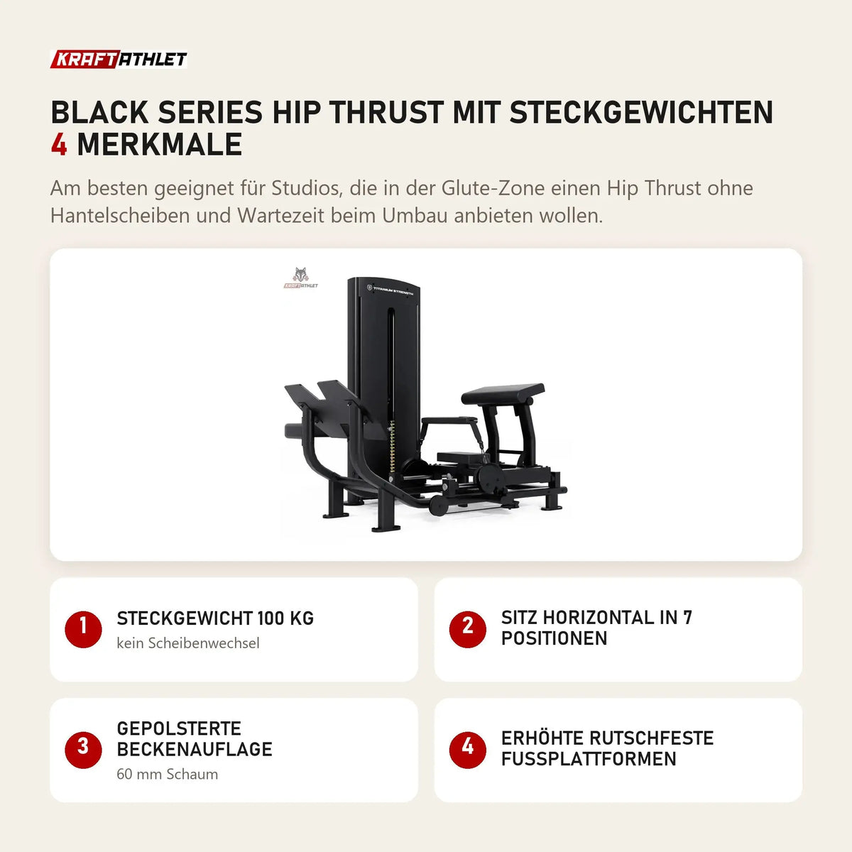 Titanium Strength Black Series Hip Thrust mit Steckgewichten mit 4 Merkmalen: Steckgewicht 100 kg, Sitz horizontal in 7 Positionen, Gepolsterte Beckenauflage, Erhöhte rutschfeste Fußplattformen