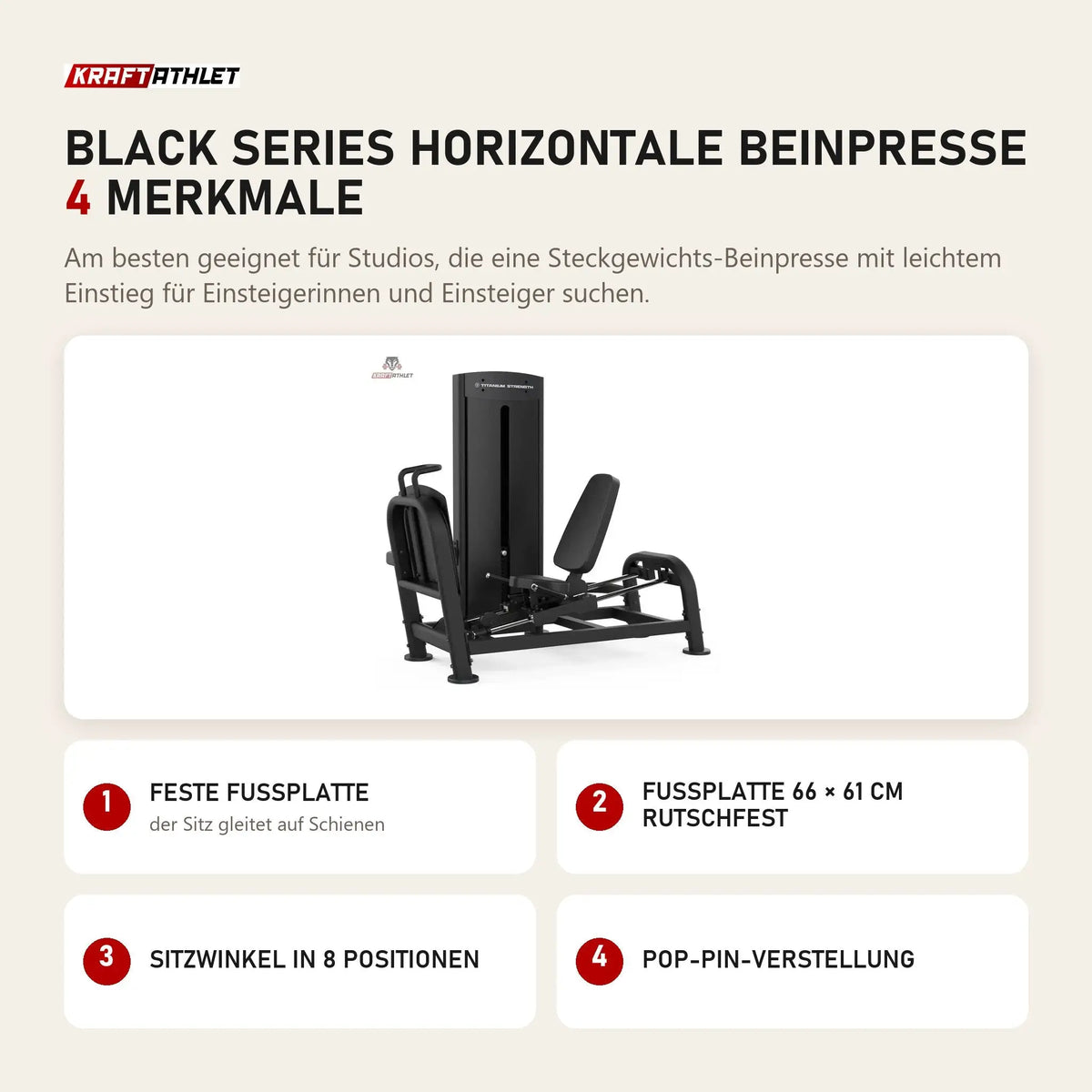 Titanium Strength Black Series Horizontale Beinpresse mit 4 Merkmalen: Feste Fußplatte, Fußplatte 66 × 61 cm rutschfest, Sitzwinkel in 8 Positionen, Pop-Pin-Verstellung