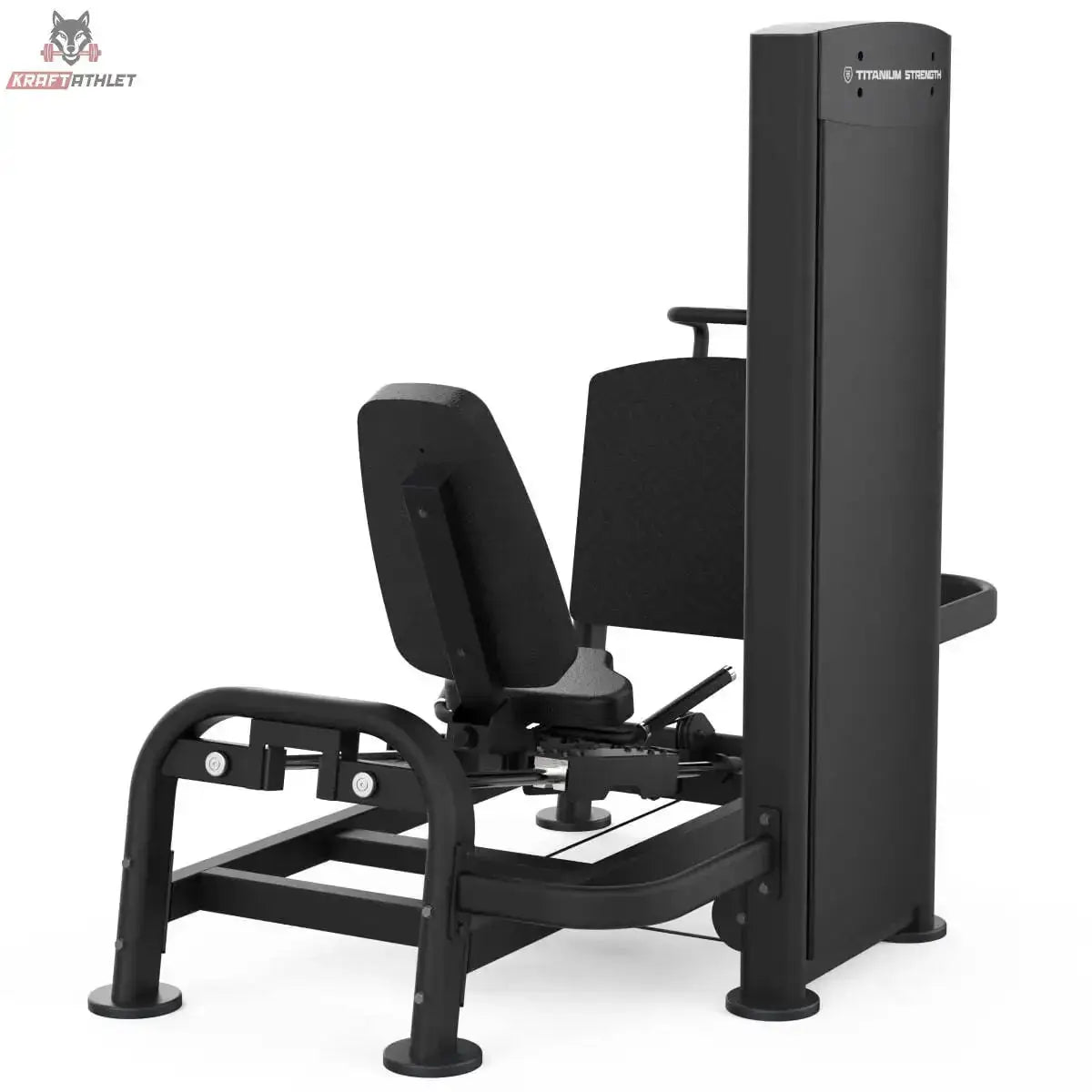 Titanium Strength Black Series Horizontale Beinpresse, Rückansicht schräg mit Sitz und Gewichtsturm