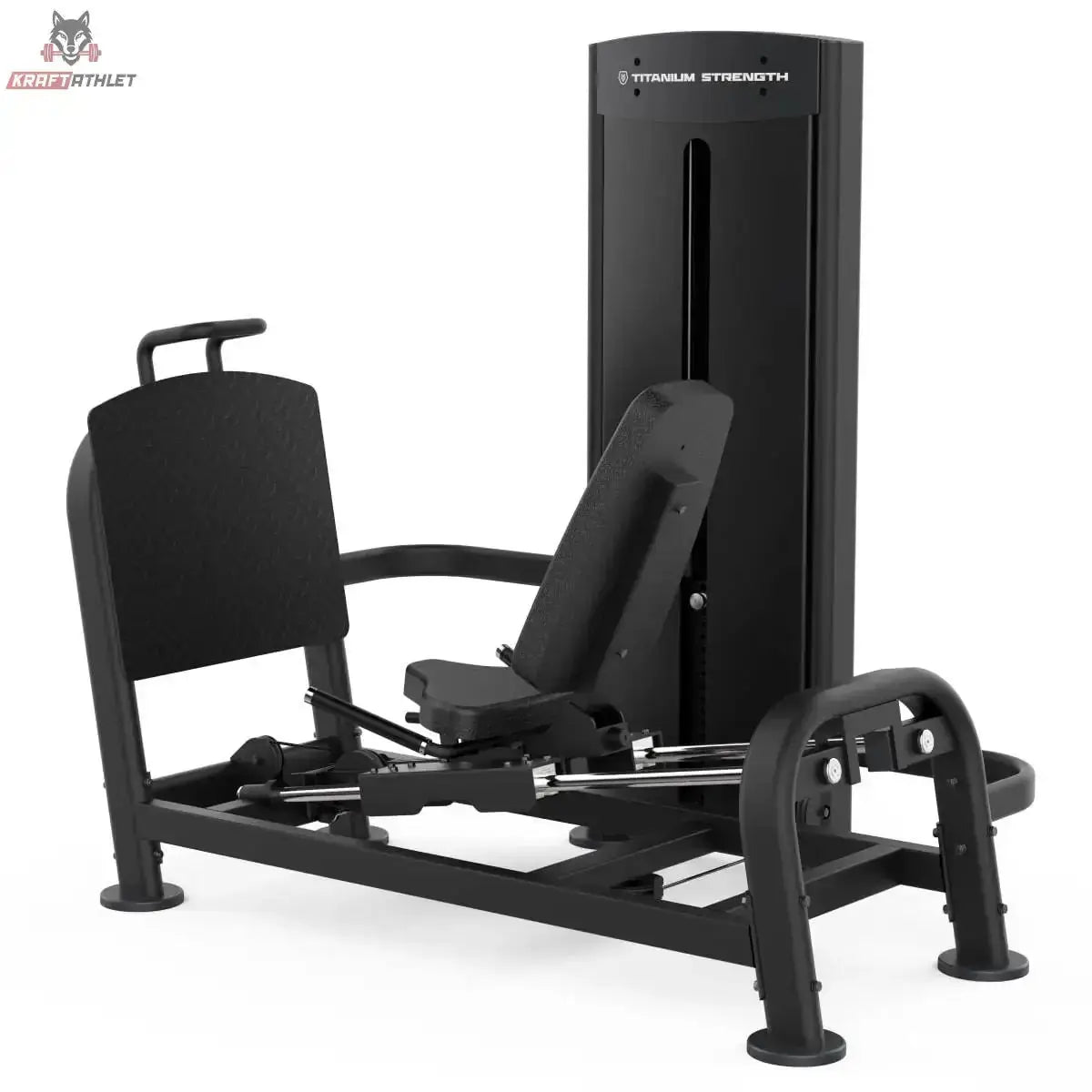 Titanium Strength Black Series Horizontale Beinpresse, Schrägansicht von hinten mit Sitz und Haltegriffen