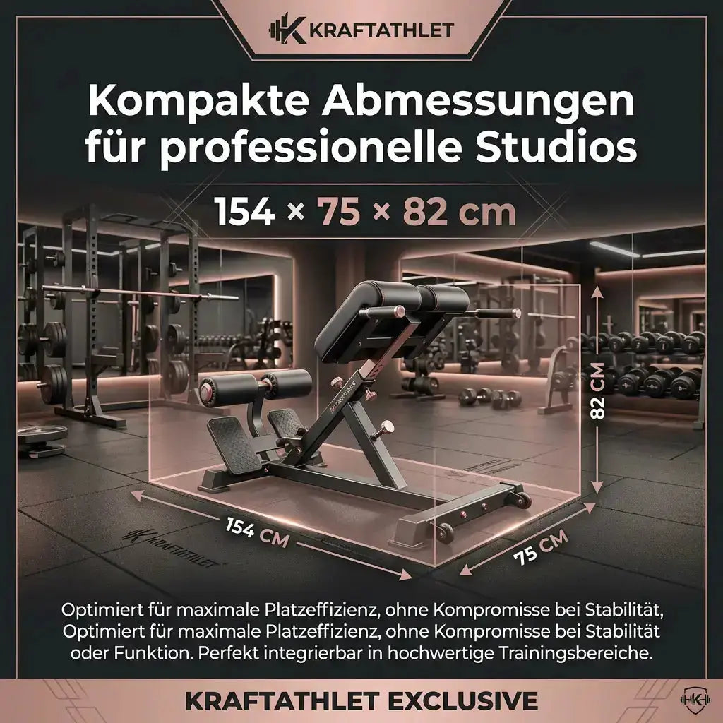 Titanium Strength Black Series Hyperextension Bank als Infografik mit Maßangaben in einem Studio