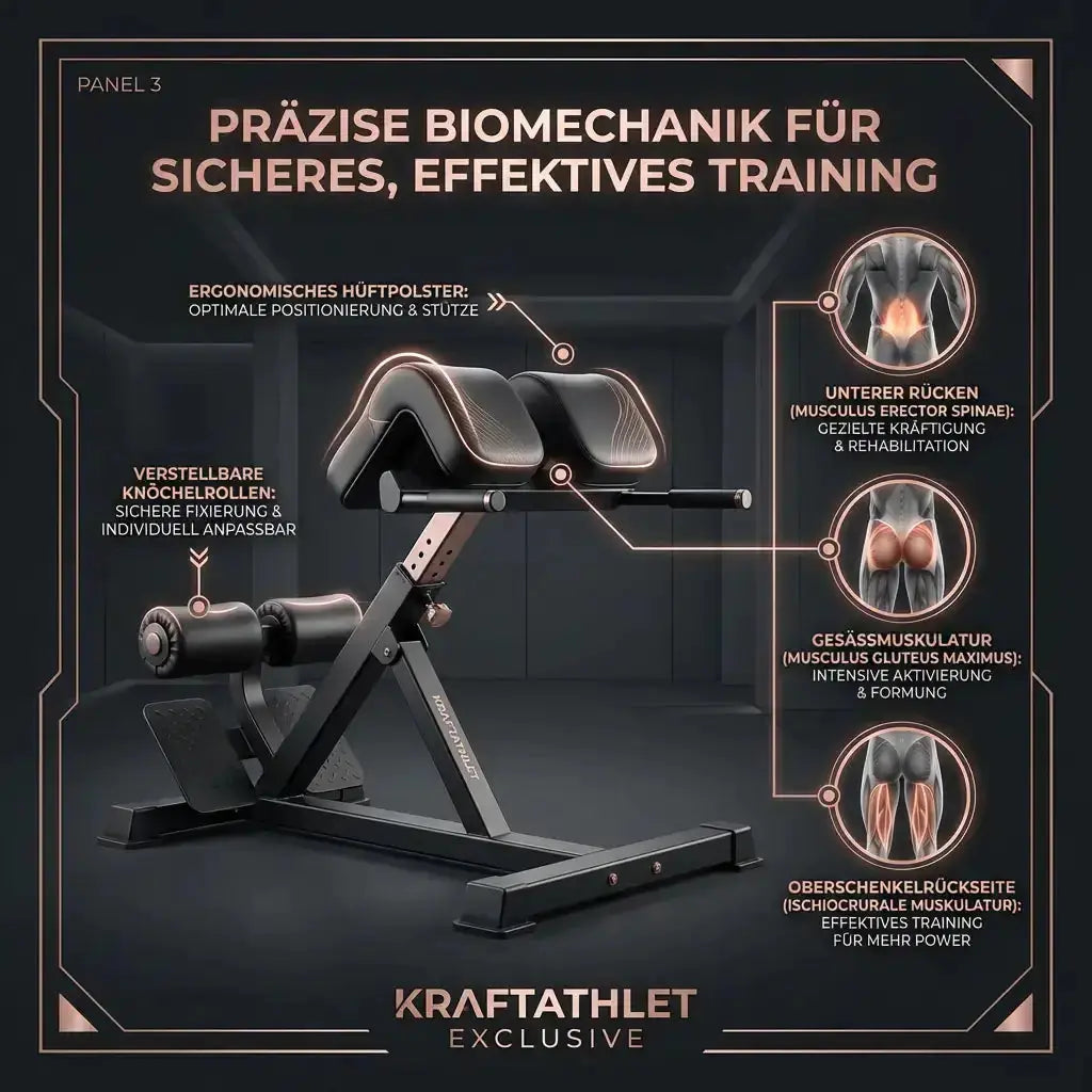 Titanium Strength Black Series Hyperextension Bank als Infografik zu den Verstellpunkten an Hüftpolster und Fußplatte
