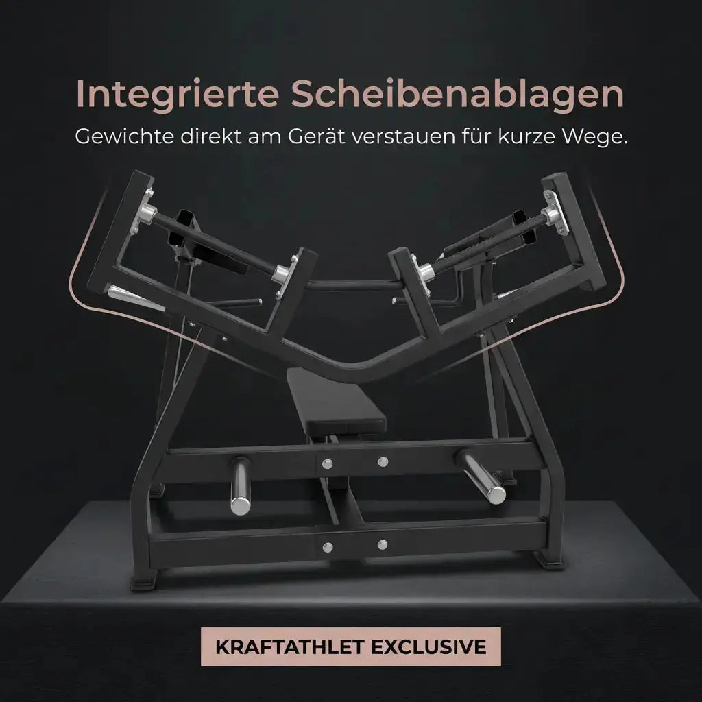 Titanium Strength Black Series IsoLateral Brustpresse Horizontal – Grafik zu den integrierten Scheibenablagen, dunkler Hintergrund