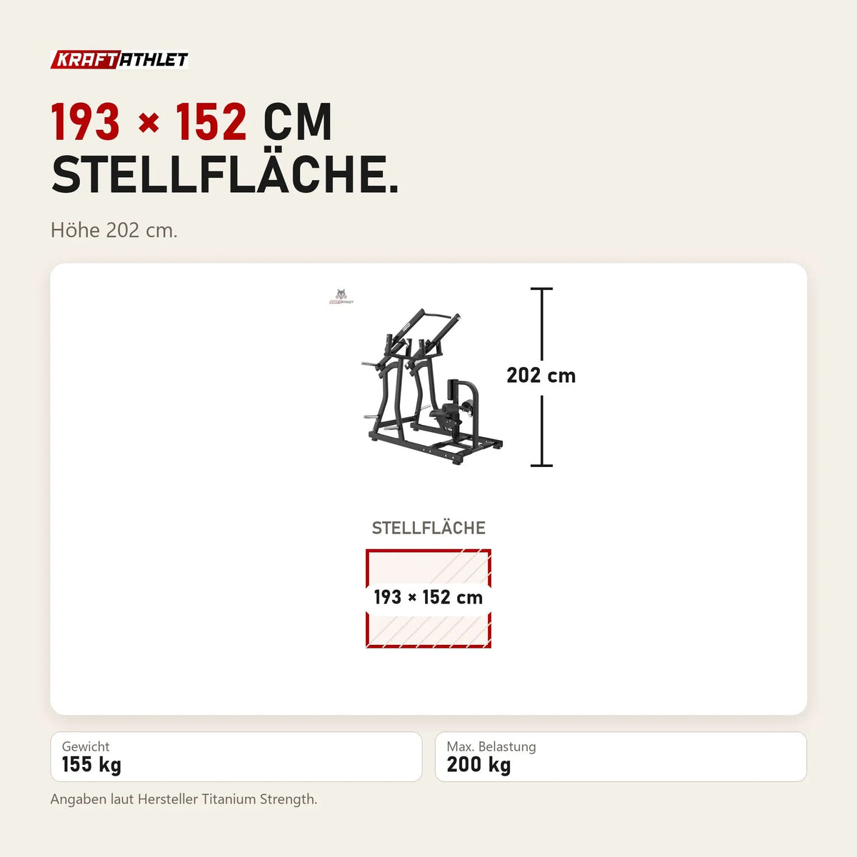 Maßbild Titanium Strength Black Series IsoLateral Latzug: Stellfläche 193 × 152 cm, Höhe 202 cm