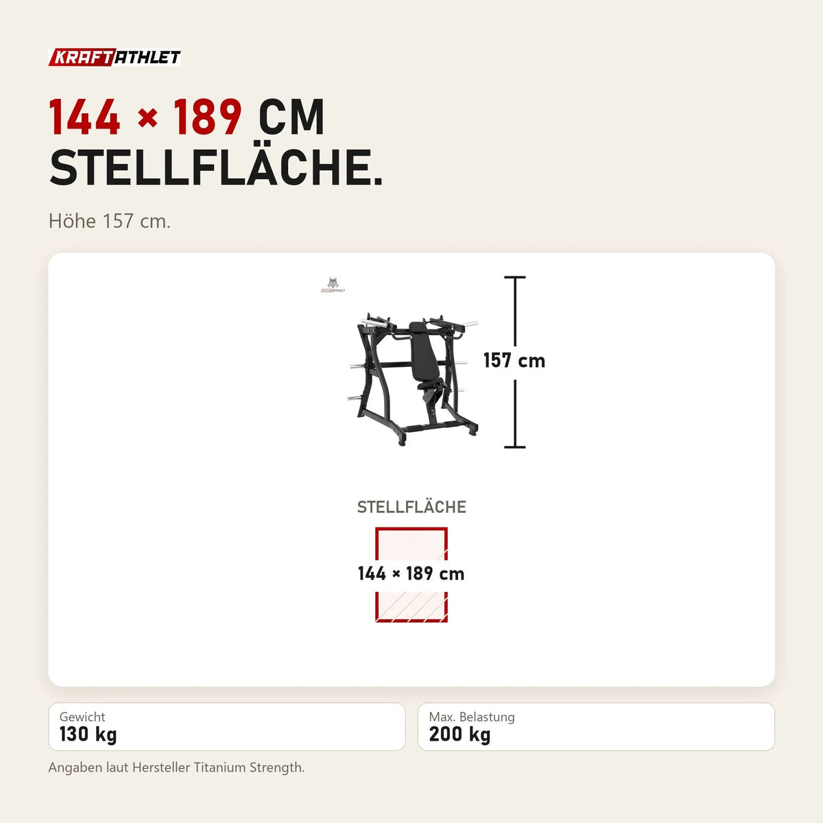 Maßbild Titanium Strength Black Series IsoLateral Schulterpresse: Stellfläche 144 × 189 cm, Höhe 157 cm