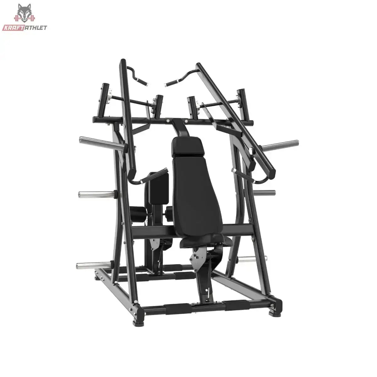 Titanium Strength Black Series IsoLateral Brustpresse und Latzug – Frontansicht mit Sitz und nach oben geführten Hebelarmen