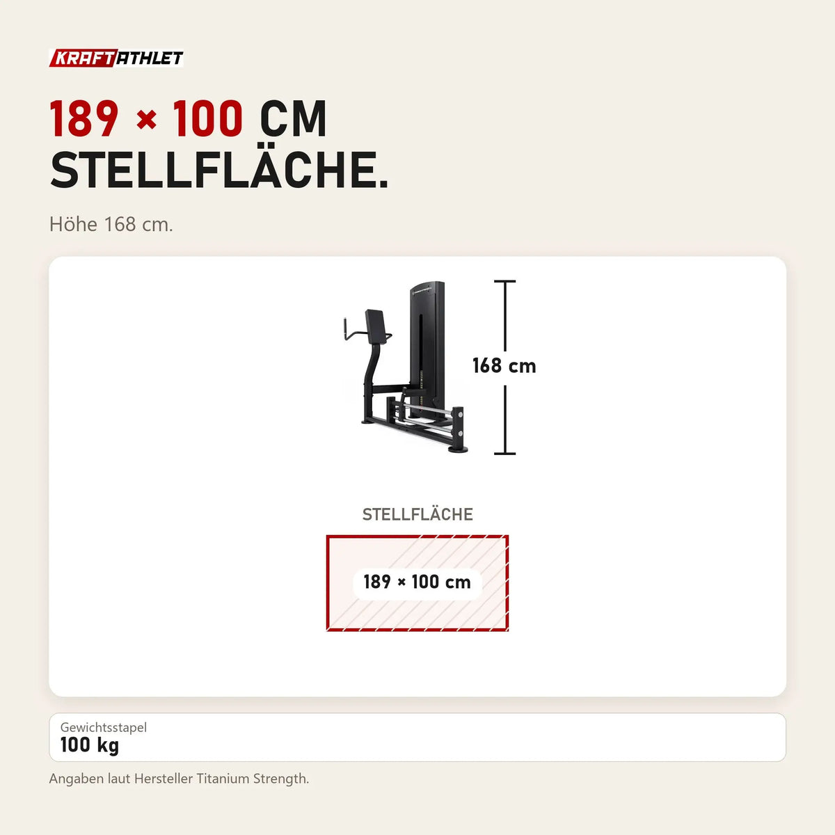 Maßbild Titanium Strength Black Series Kickmaschine: Stellfläche 189 × 100 cm, Höhe 168 cm