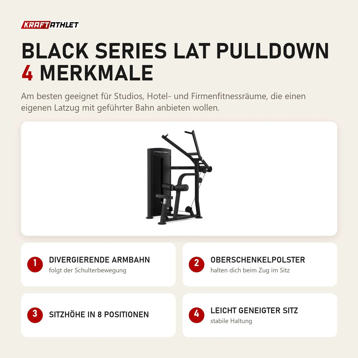 Titanium Strength Black Series Lat Pulldown mit 4 Merkmalen: Divergierende Armbahn, Oberschenkelpolster, Sitzhöhe in 8 Positionen, Leicht geneigter Sitz
