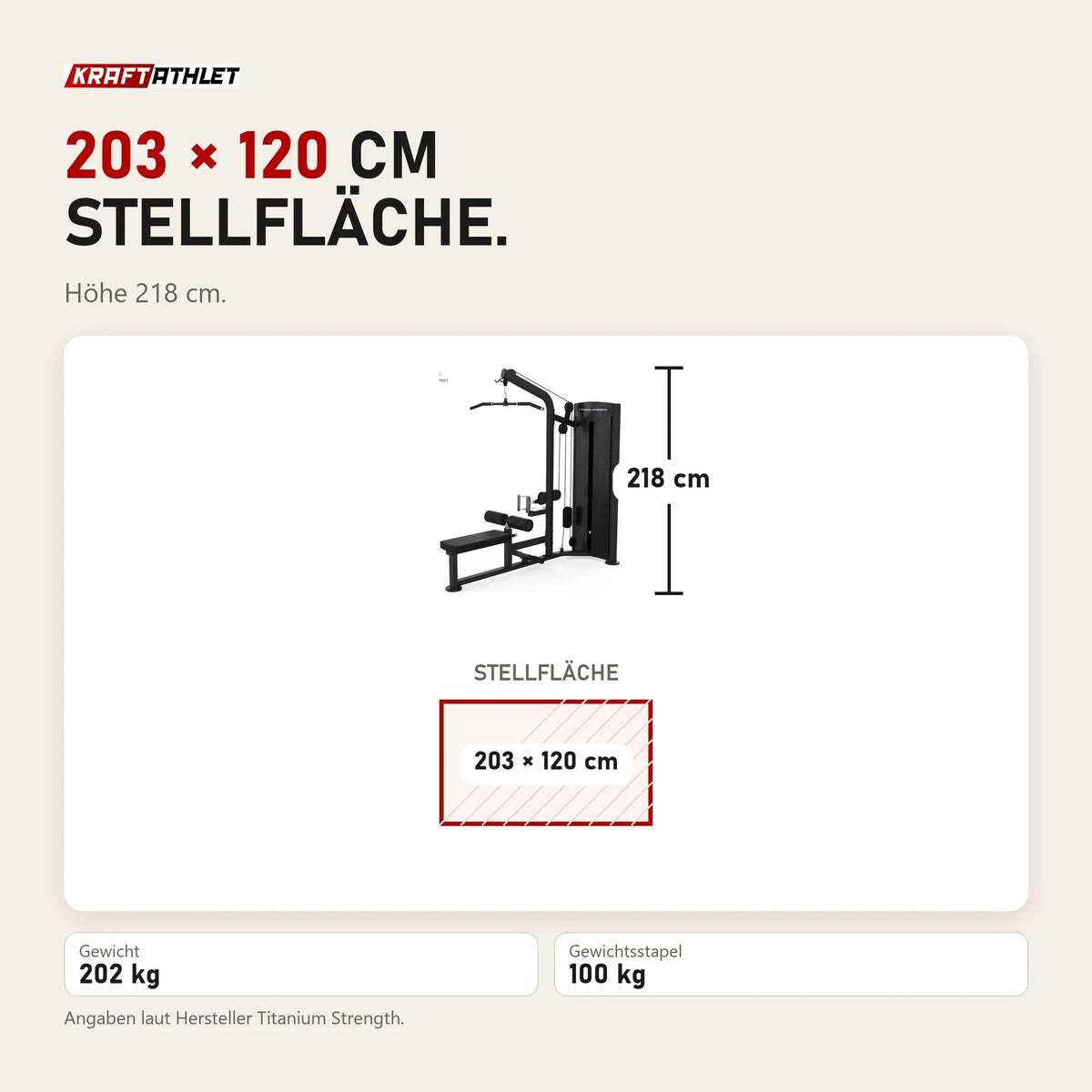 Maßbild Titanium Strength Black Series Latzug und Rudergerät: Stellfläche 203 × 120 cm, Höhe 218 cm