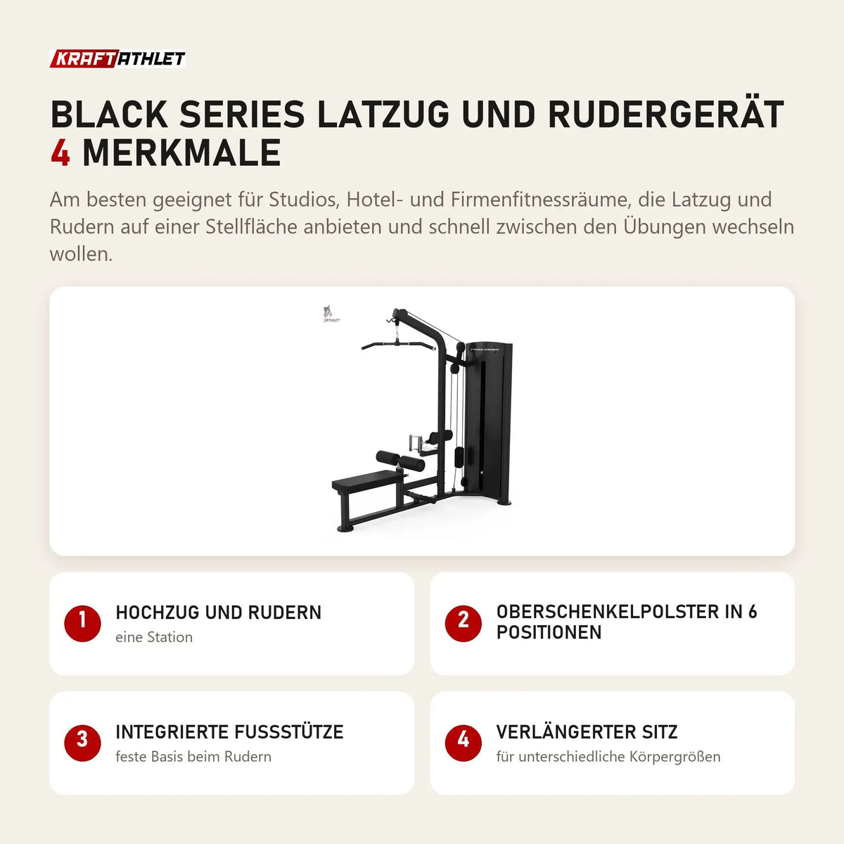 Titanium Strength Black Series Latzug und Rudergerät mit 4 Merkmalen: Hochzug und Rudern, Oberschenkelpolster in 6 Positionen, Integrierte Fußstütze, Verlängerter Sitz