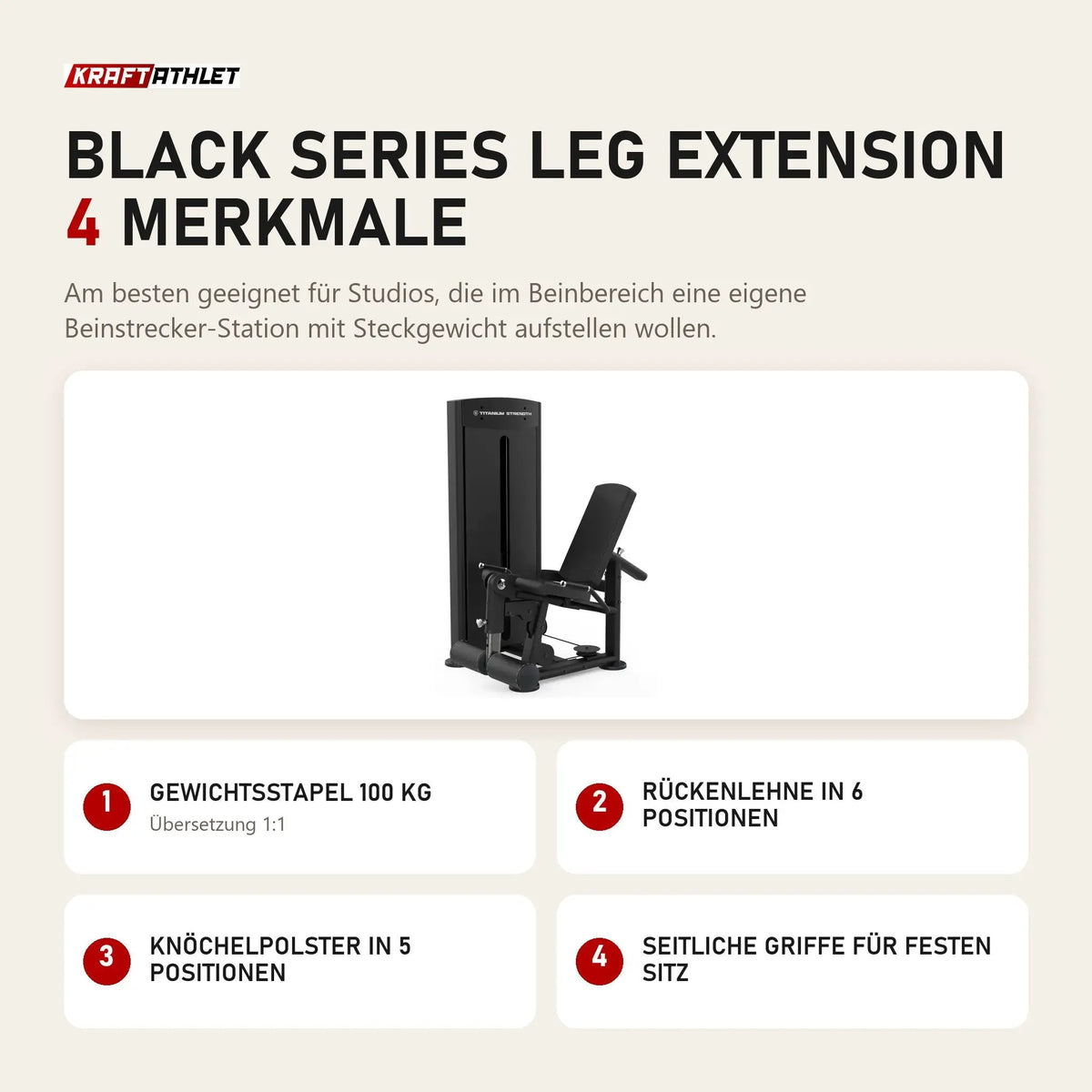 Titanium Strength Black Series Leg Extension mit 4 Merkmalen: Gewichtsstapel 100 kg, Rückenlehne in 6 Positionen, Knöchelpolster in 5 Positionen, Seitliche Griffe für festen Sitz
