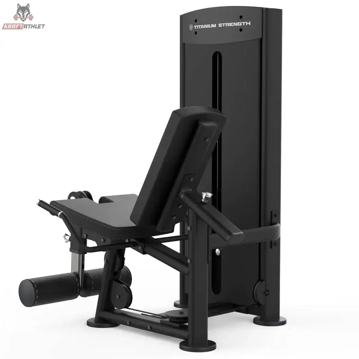 Titanium Strength Black Series Leg Extension: Schrägansicht von rechts mit Sitz und Beinrollen, in Schwarz