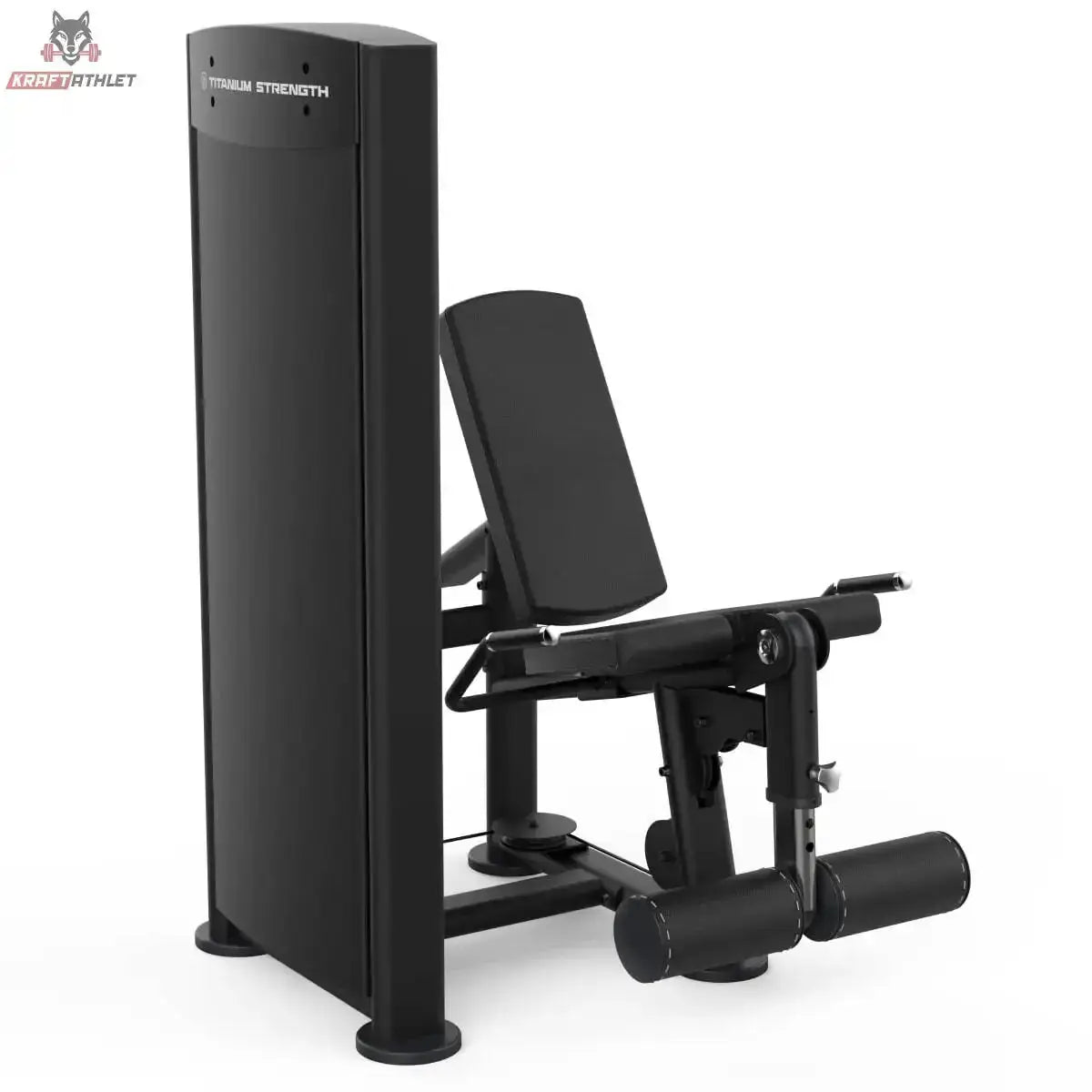 Titanium Strength Black Series Leg Extension: Seitenansicht mit Gewichtsturm im Vordergrund, in Schwarz