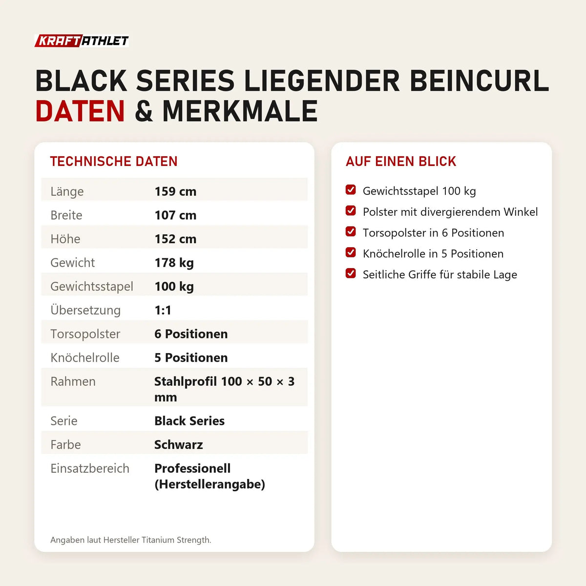 Technische Daten und Merkmale von Titanium Strength Black Series Liegender Beincurl als Tabelle