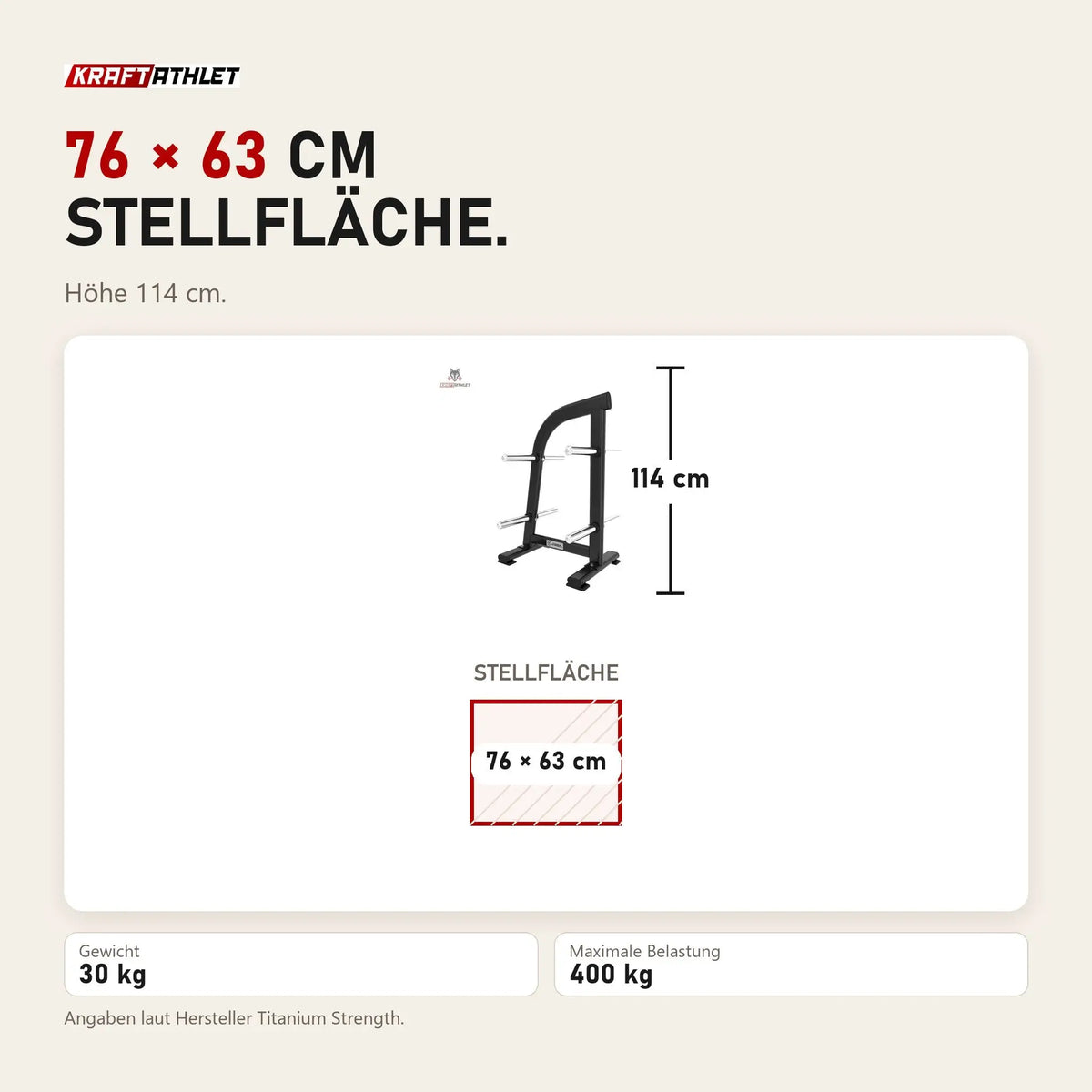 Maßbild Titanium Strength Black Series Hantelscheibenhalterung BS-WPT: Stellfläche 76 × 63 cm, Höhe 114 cm
