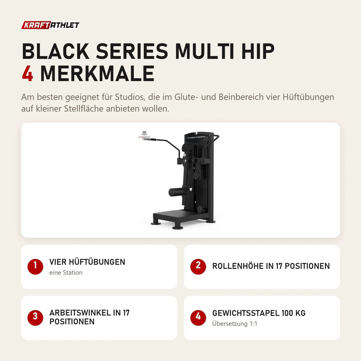 Titanium Strength Black Series Multi Hip mit 4 Merkmalen: Vier Hüftübungen, Rollenhöhe in 17 Positionen, Arbeitswinkel in 17 Positionen, Gewichtsstapel 100 kg
