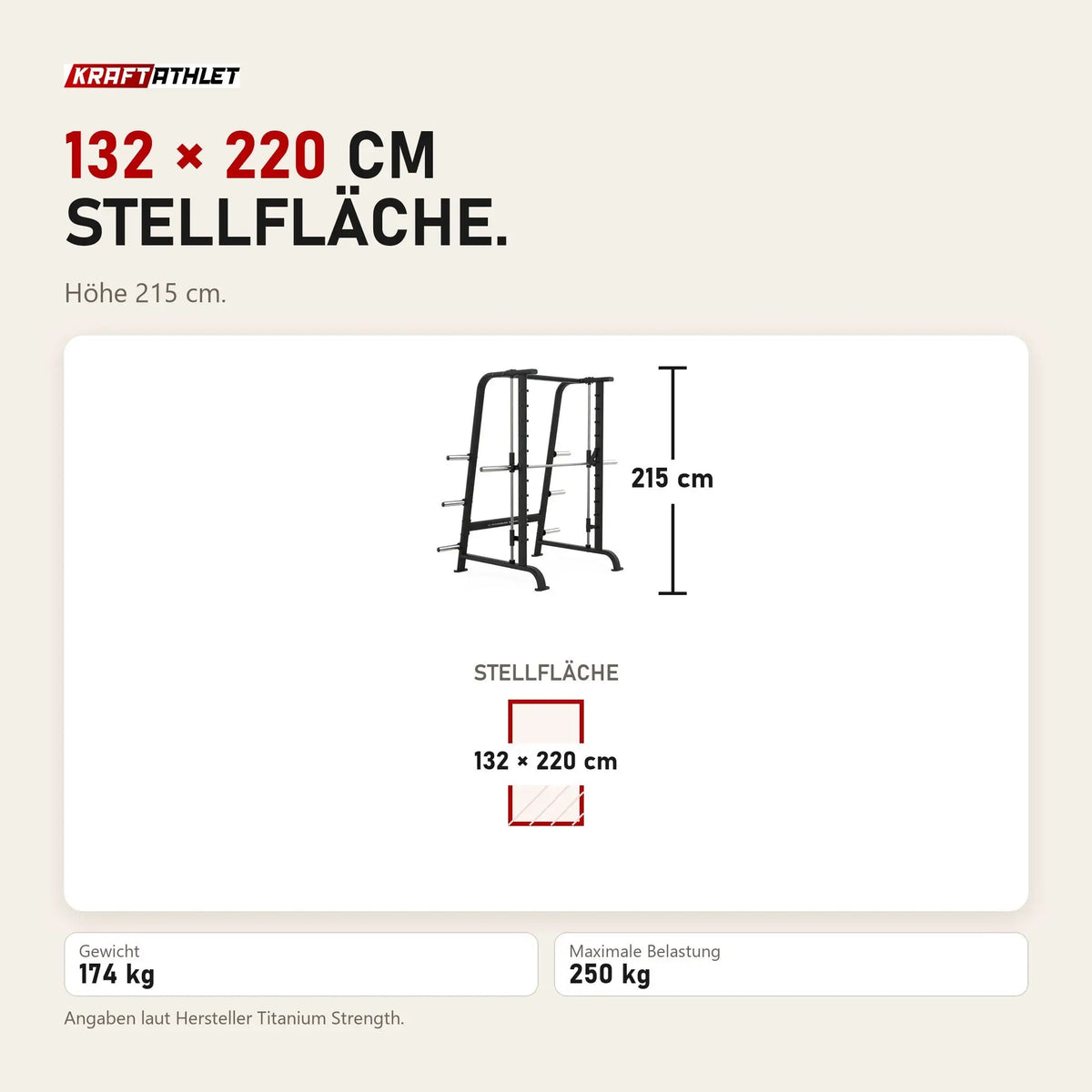 Maßbild Titanium Strength Black Series Multipower Smith-Maschine: Stellfläche 132 × 220 cm, Höhe 215 cm