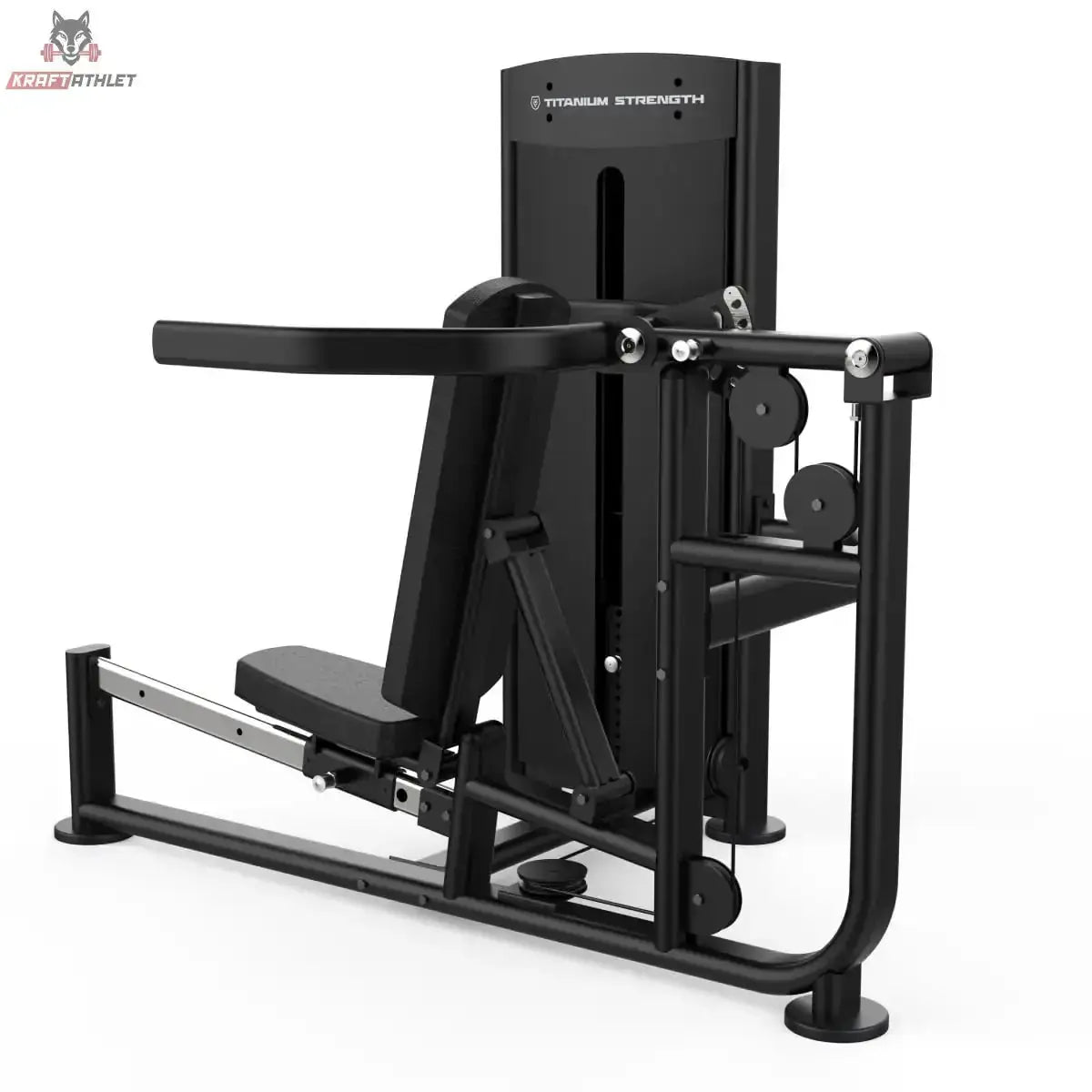 Titanium Strength Black Series Multipress 3 Funktionen: Schrägansicht von vorne mit Presshebeln und Fußplatte, in Schwarz