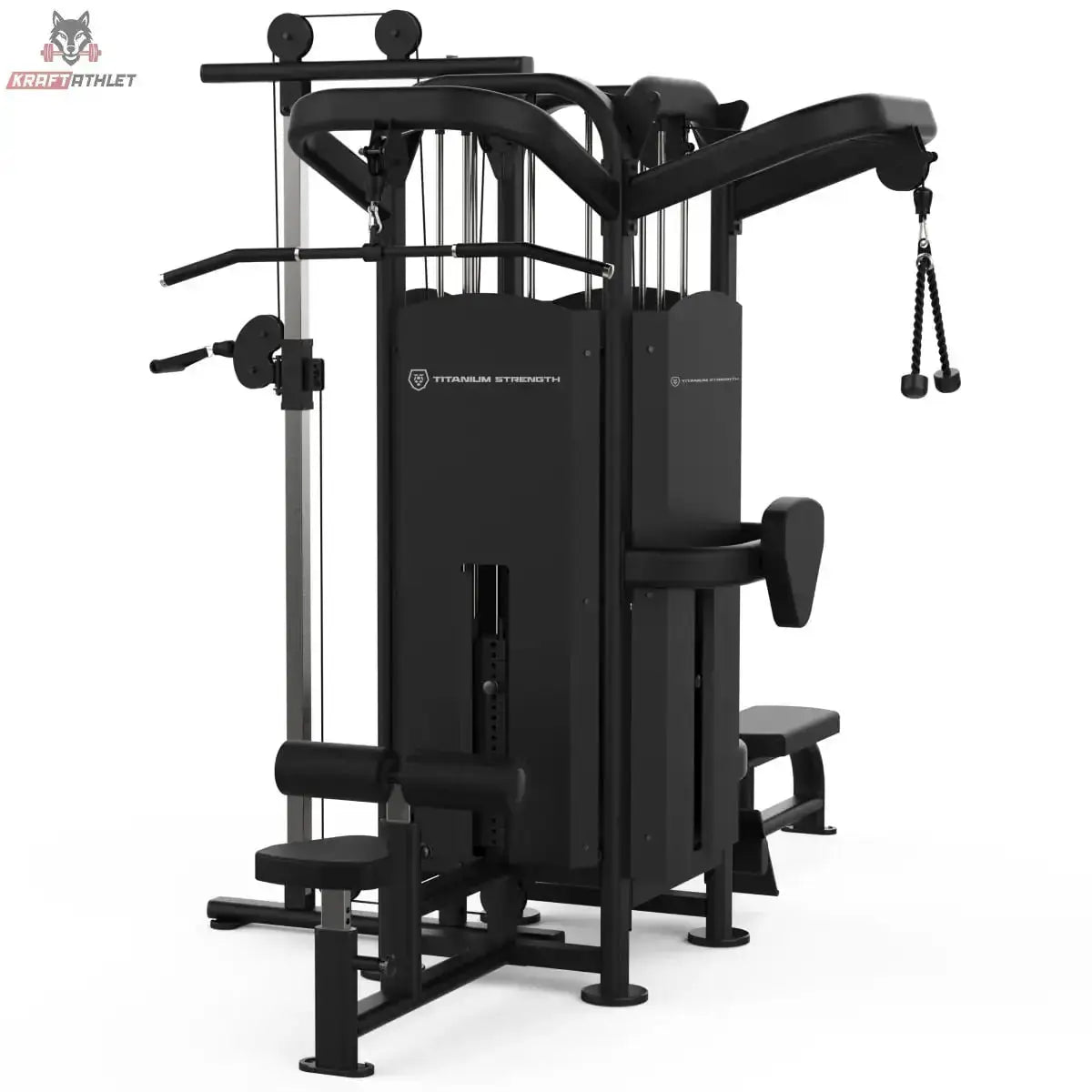 Titanium Strength Black Series Multistation 4 Stationen, Frontansicht mit Butterfly-Station und Beinpolster