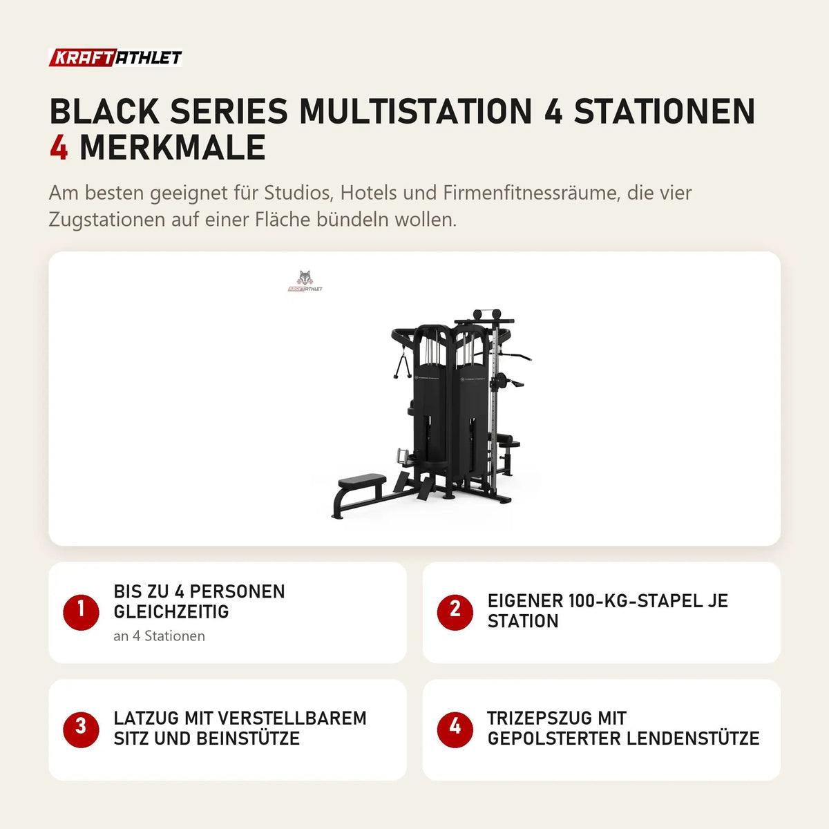 Titanium Strength Black Series Multistation 4 Stationen mit 4 Merkmalen: Bis zu 4 Personen gleichzeitig, Eigener 100-kg-Stapel je Station, Latzug mit verstellbarem Sitz und Beinstütze, Trizepszug mit gepolsterter Lendenstütze