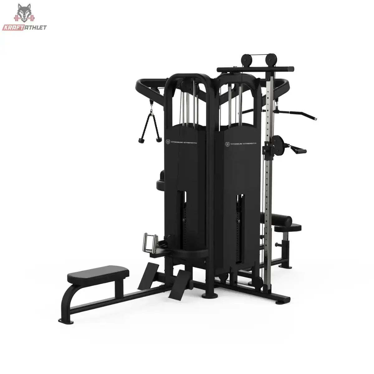 Titanium Strength Black Series Multistation 4 Stationen, Schrägansicht von links mit Hantelbank und Kabelzügen